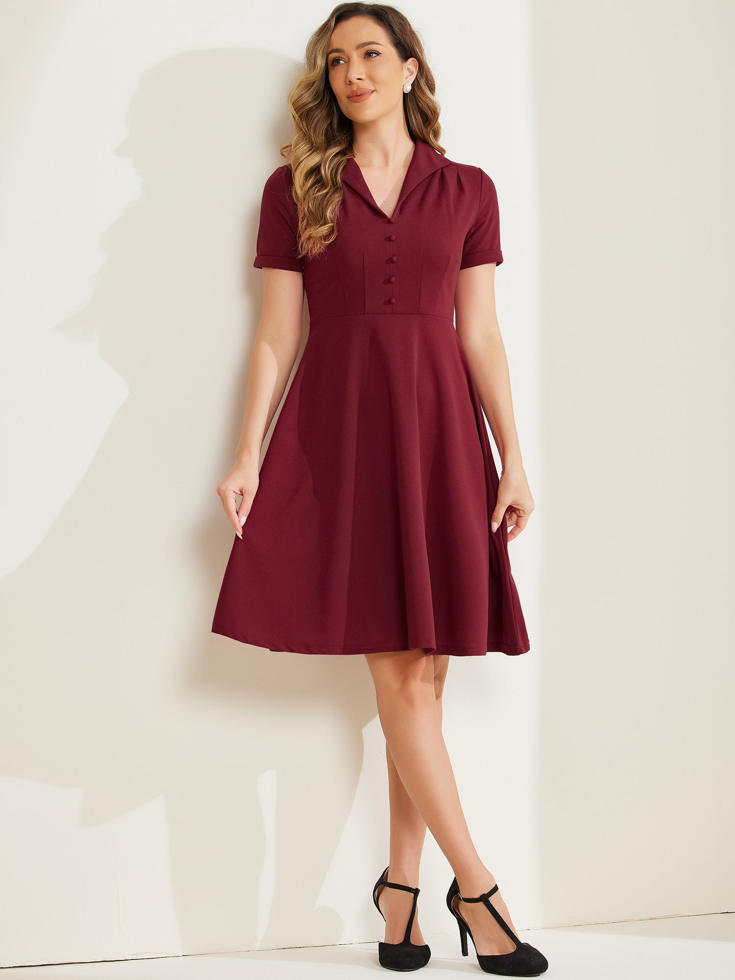 Elvaria – Women’s Vintage Collar Fit & Flare Midi Dress