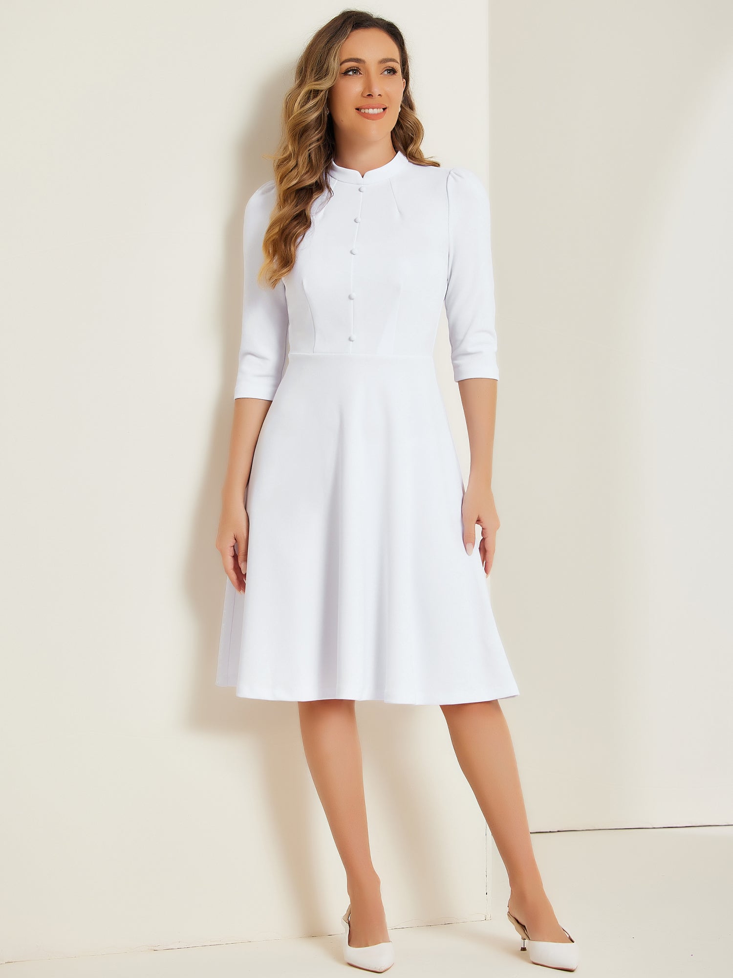 Clarivelle – Women’s Stand Collar Button Detail Dress