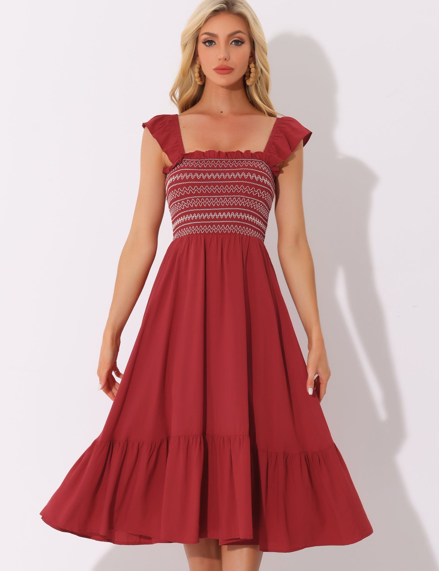 Solavira – Women’s Boho Smocked Tiered Midi Sundress
