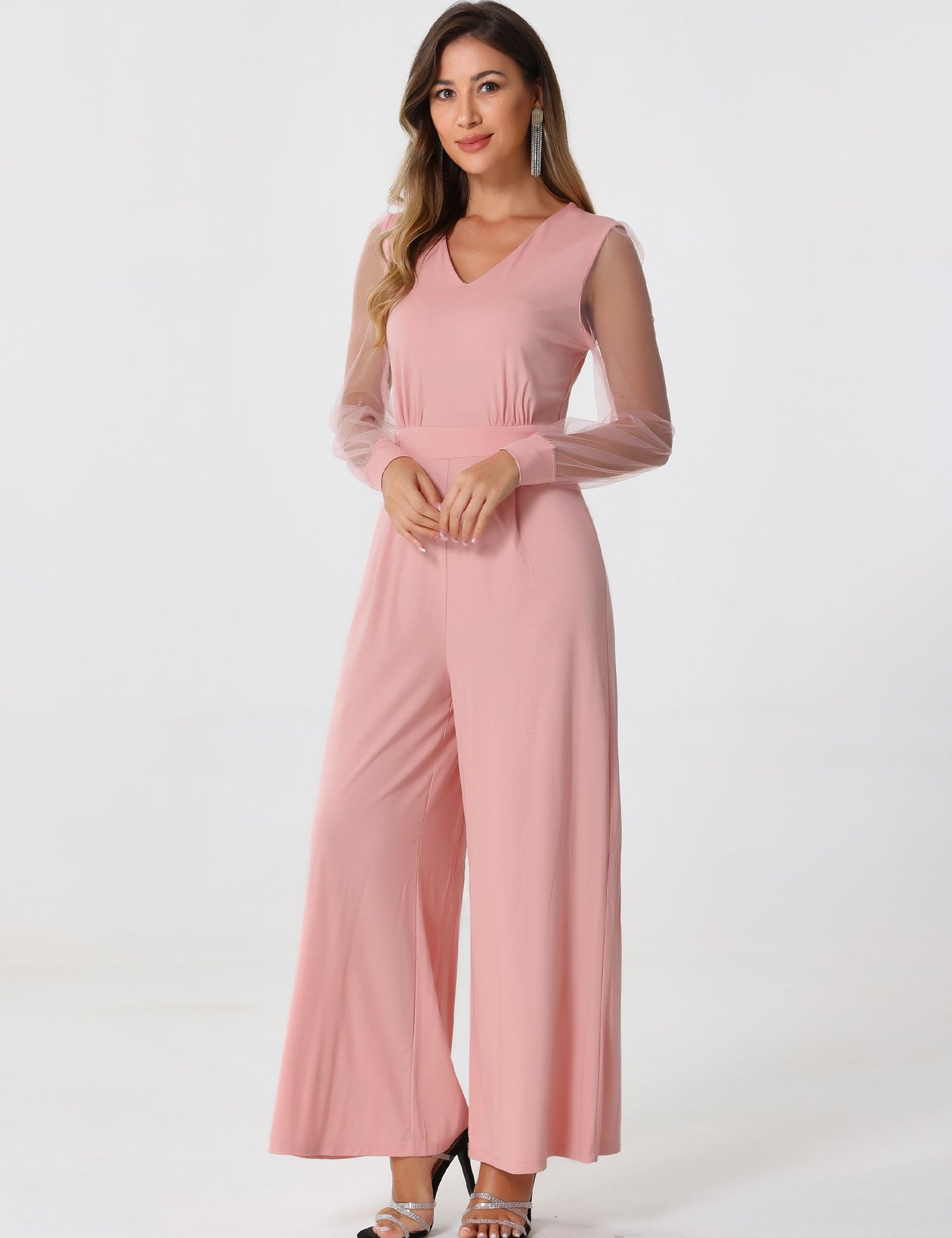 Meshvella - Women’s V-Neck Wide Leg Jumpsuit