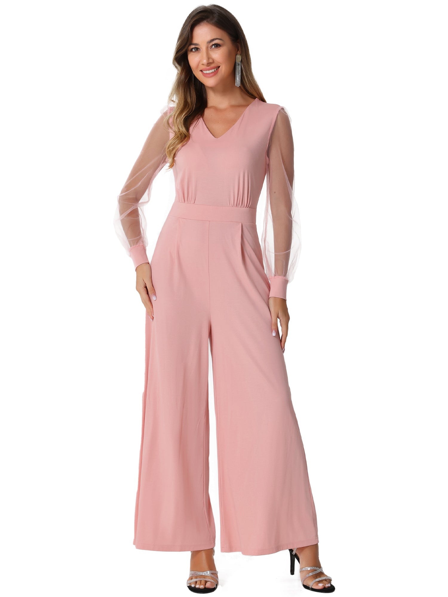 Meshvella - Women’s V-Neck Wide Leg Jumpsuit
