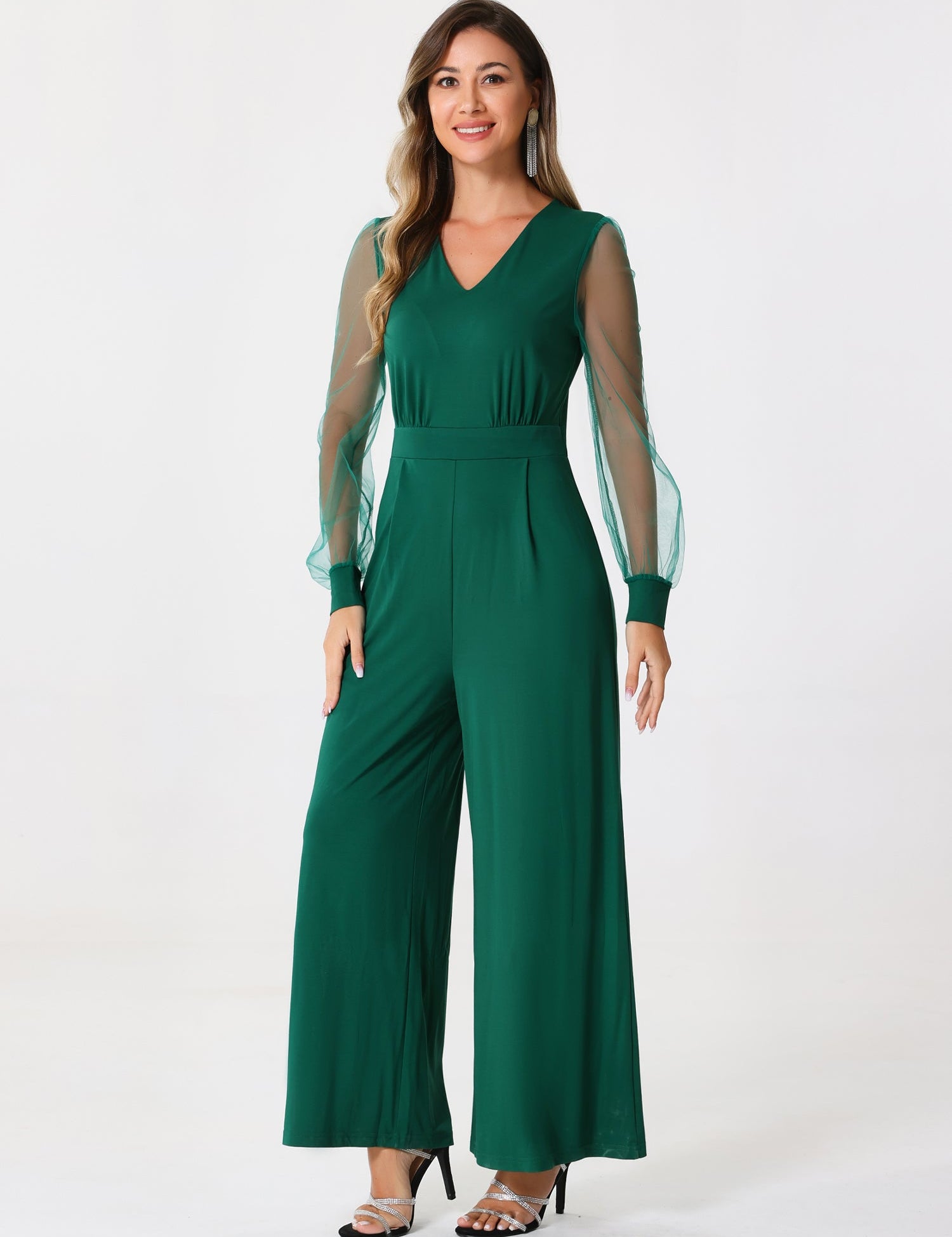Meshvella - Women’s V-Neck Wide Leg Jumpsuit
