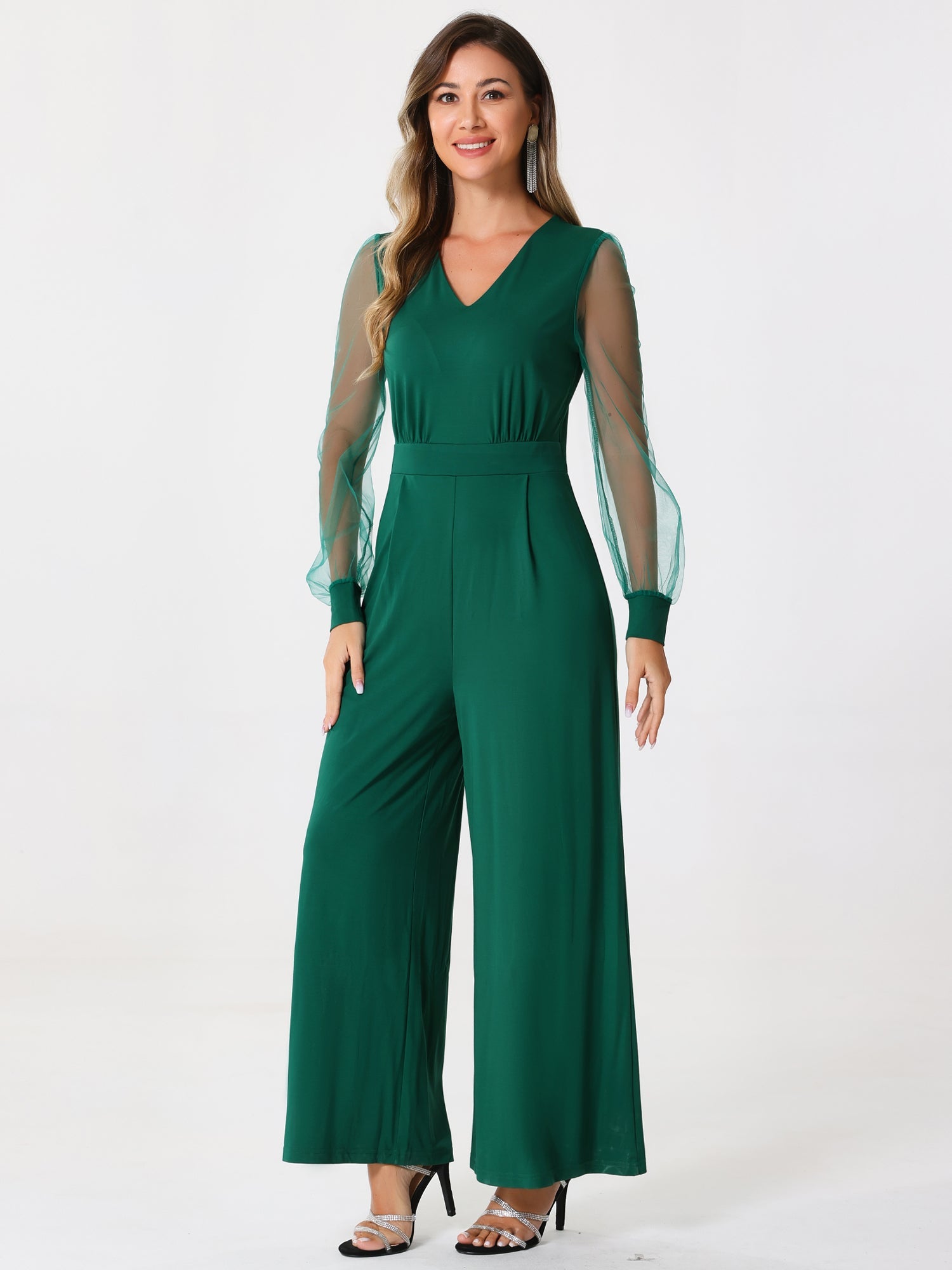 Meshvella - Women’s V-Neck Wide Leg Jumpsuit