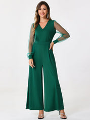 Meshvella - Women’s V-Neck Wide Leg Jumpsuit