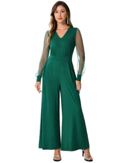 Meshvella - Women’s V-Neck Wide Leg Jumpsuit