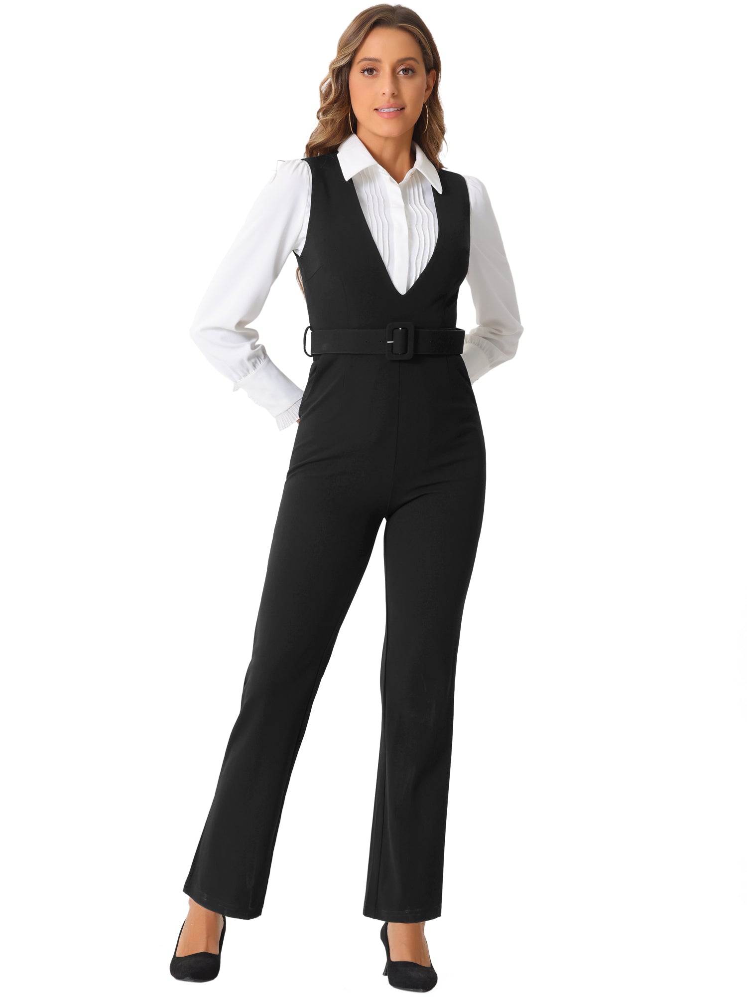 Belvessa - Women’s Belted Suspender Jumpsuit