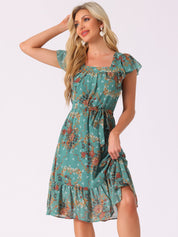 Florvella - Women’s Floral Square Neck A-Line Dress