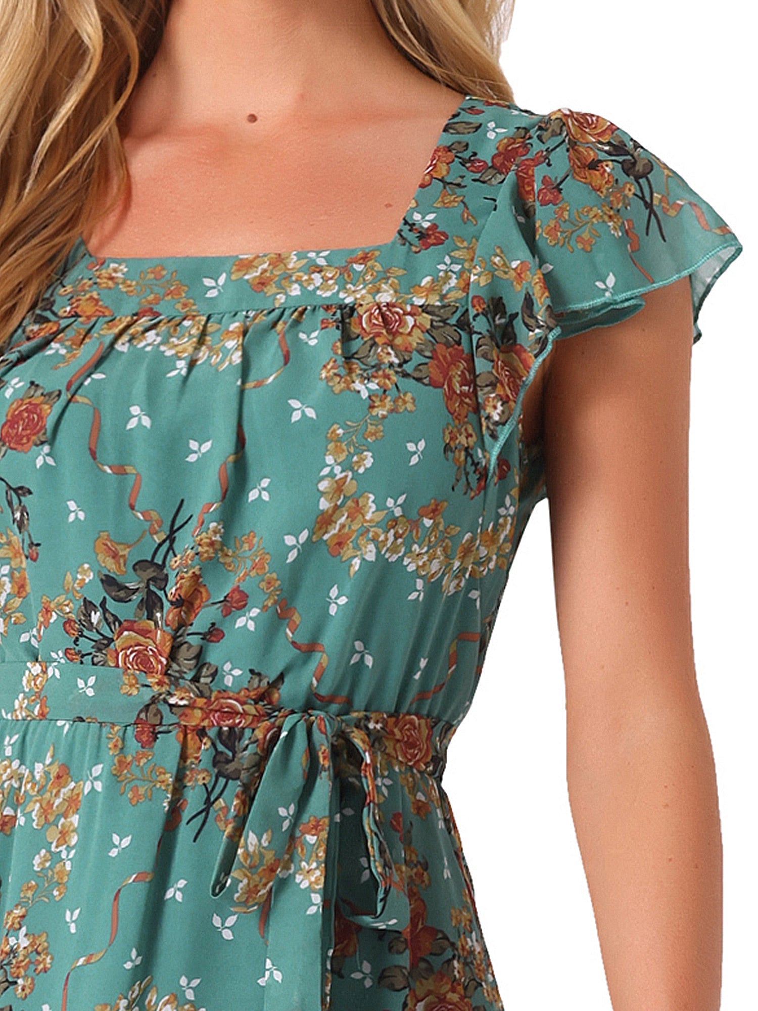 Florvella - Women’s Floral Square Neck A-Line Dress