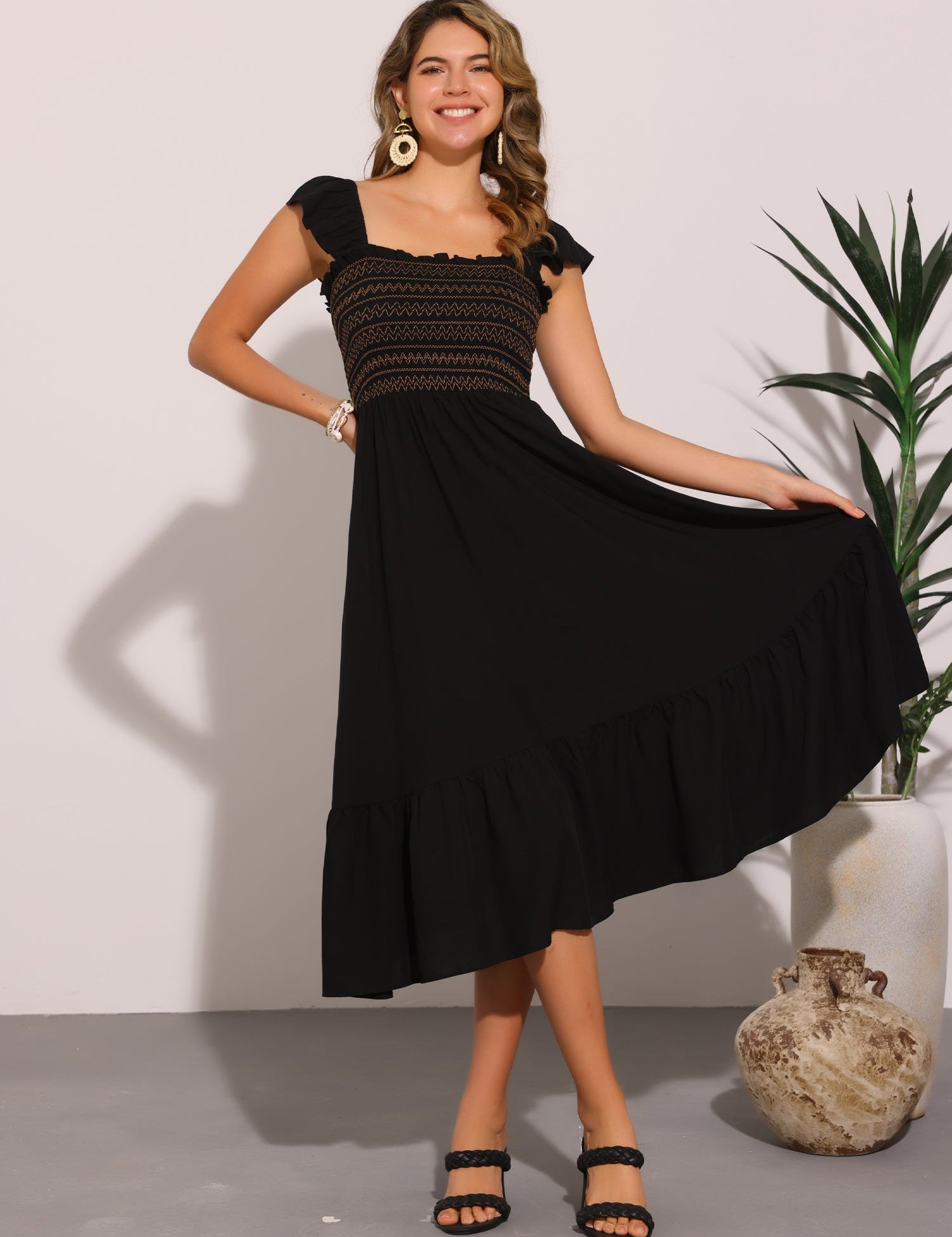 Solavira – Women’s Boho Smocked Tiered Midi Sundress