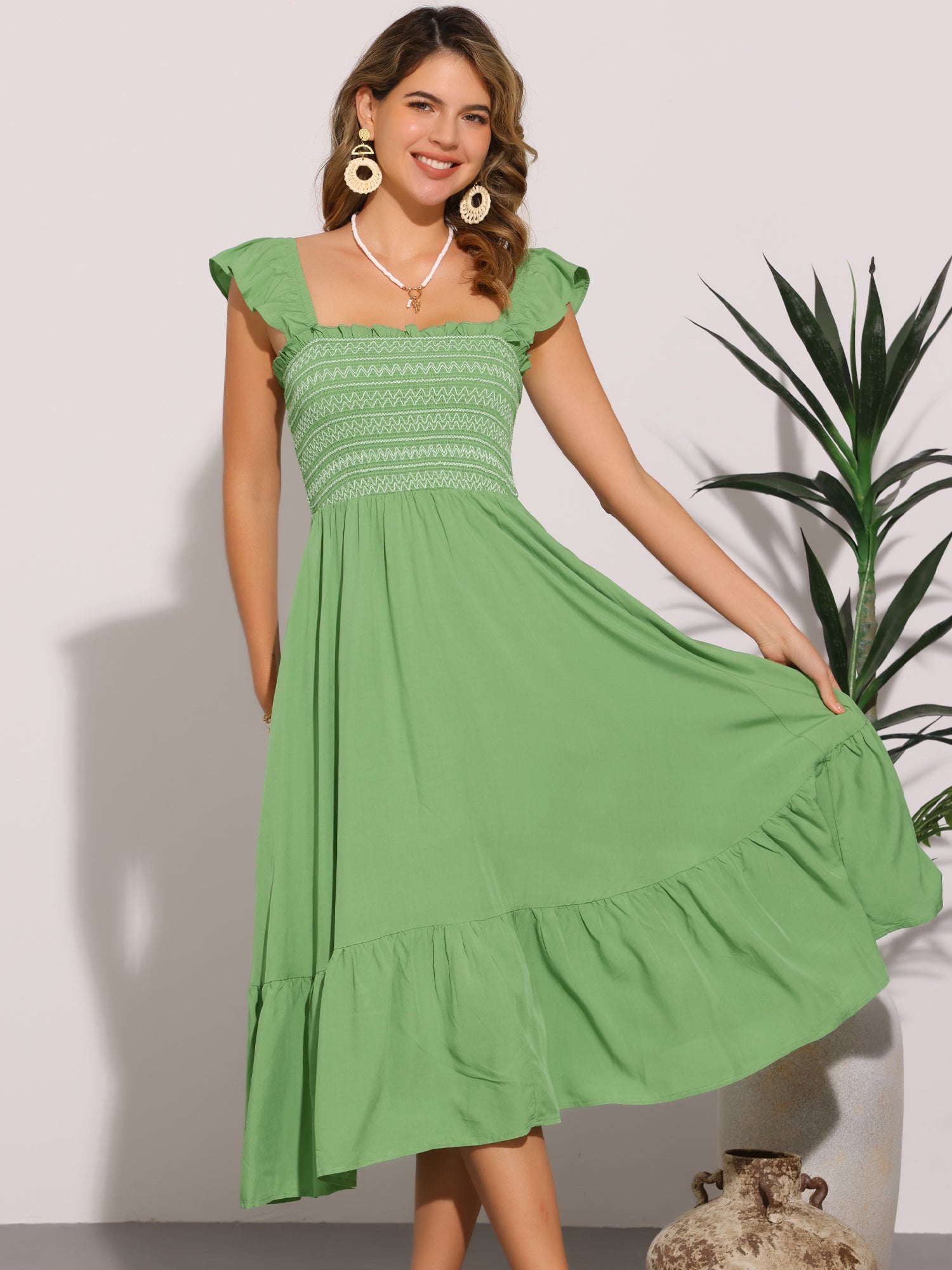 Solavira – Women’s Boho Smocked Tiered Midi Sundress