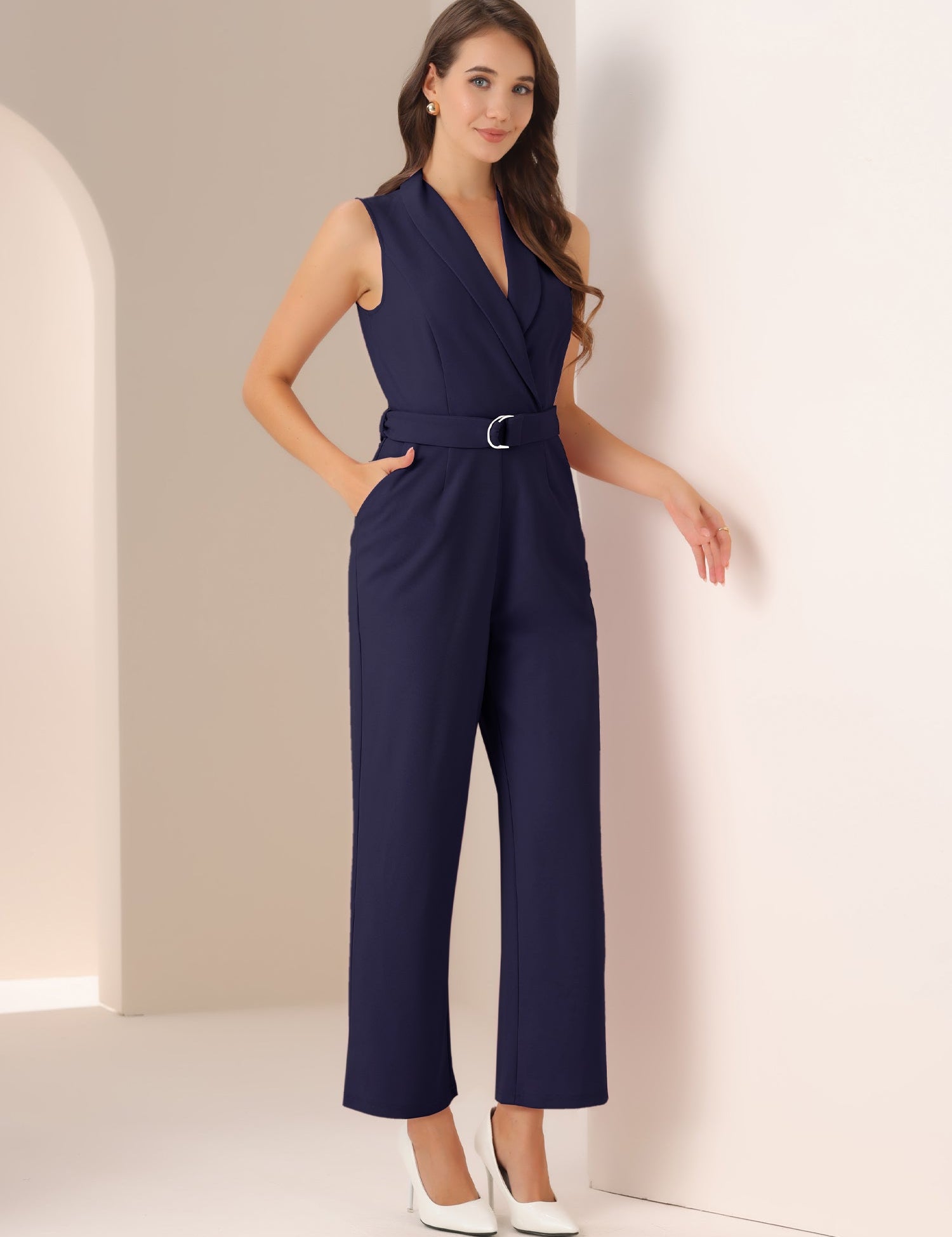 Luvessa – Women’s Sleeveless Belted Office Jumpsuit