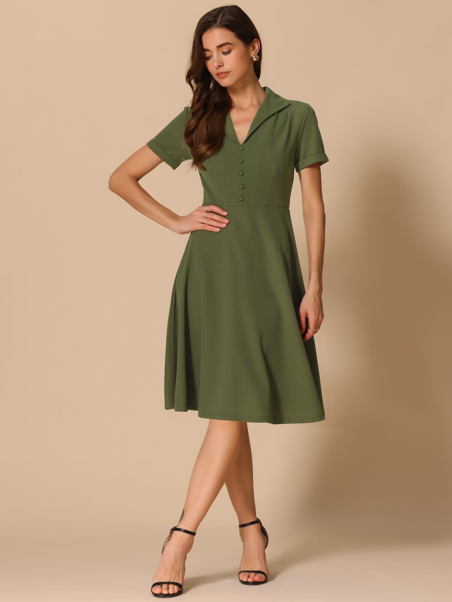 Elvaria – Women’s Vintage Collar Fit & Flare Midi Dress