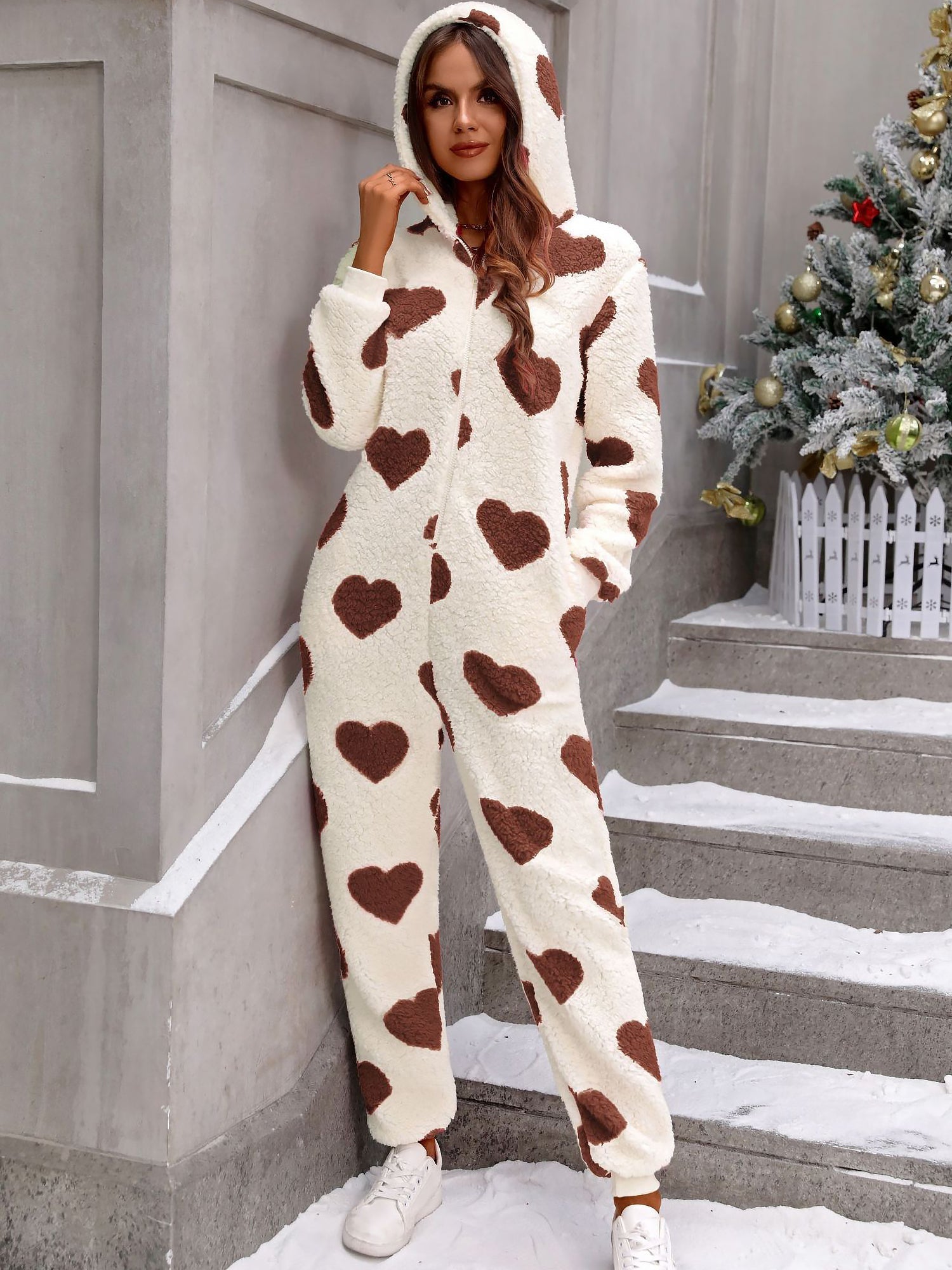 Heartella - Women’s Heart Print Long Sleeve Jumpsuit