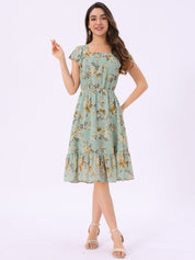 Florvella - Women’s Floral Square Neck A-Line Dress