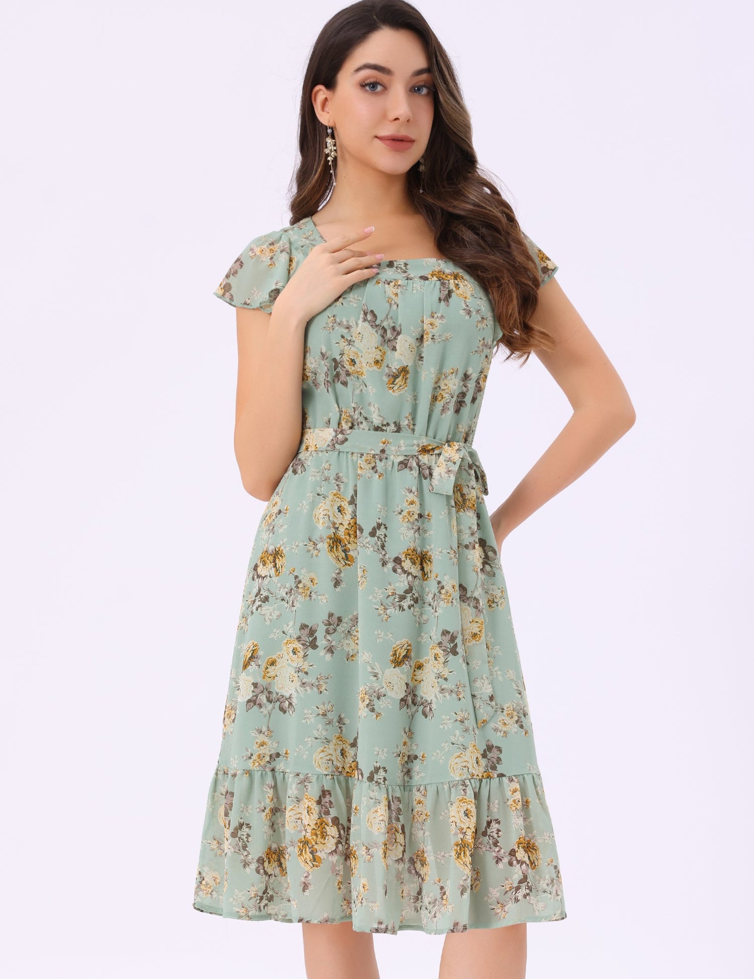 Florvella - Women’s Floral Square Neck A-Line Dress
