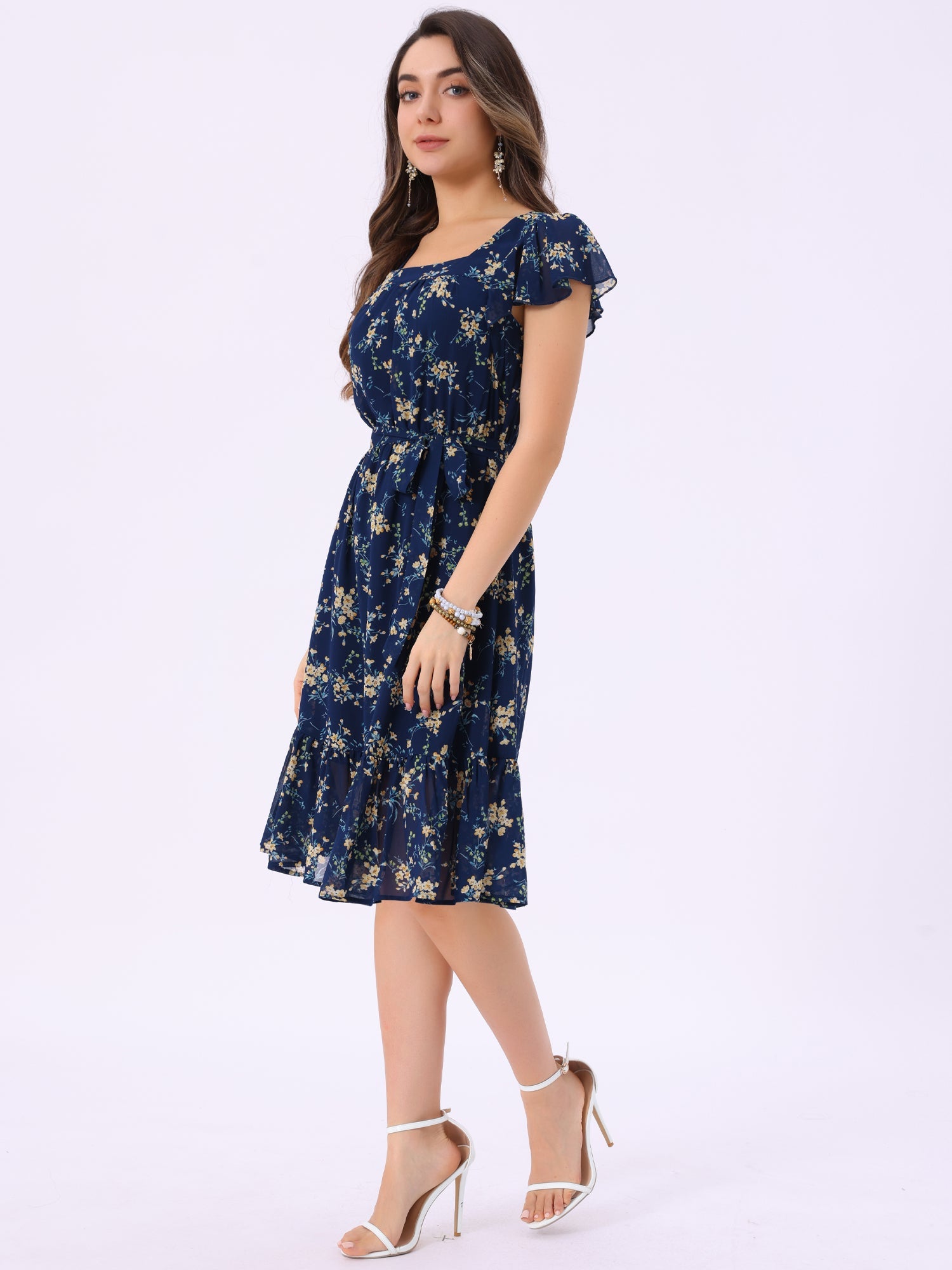 Florvella - Women’s Floral Square Neck A-Line Dress