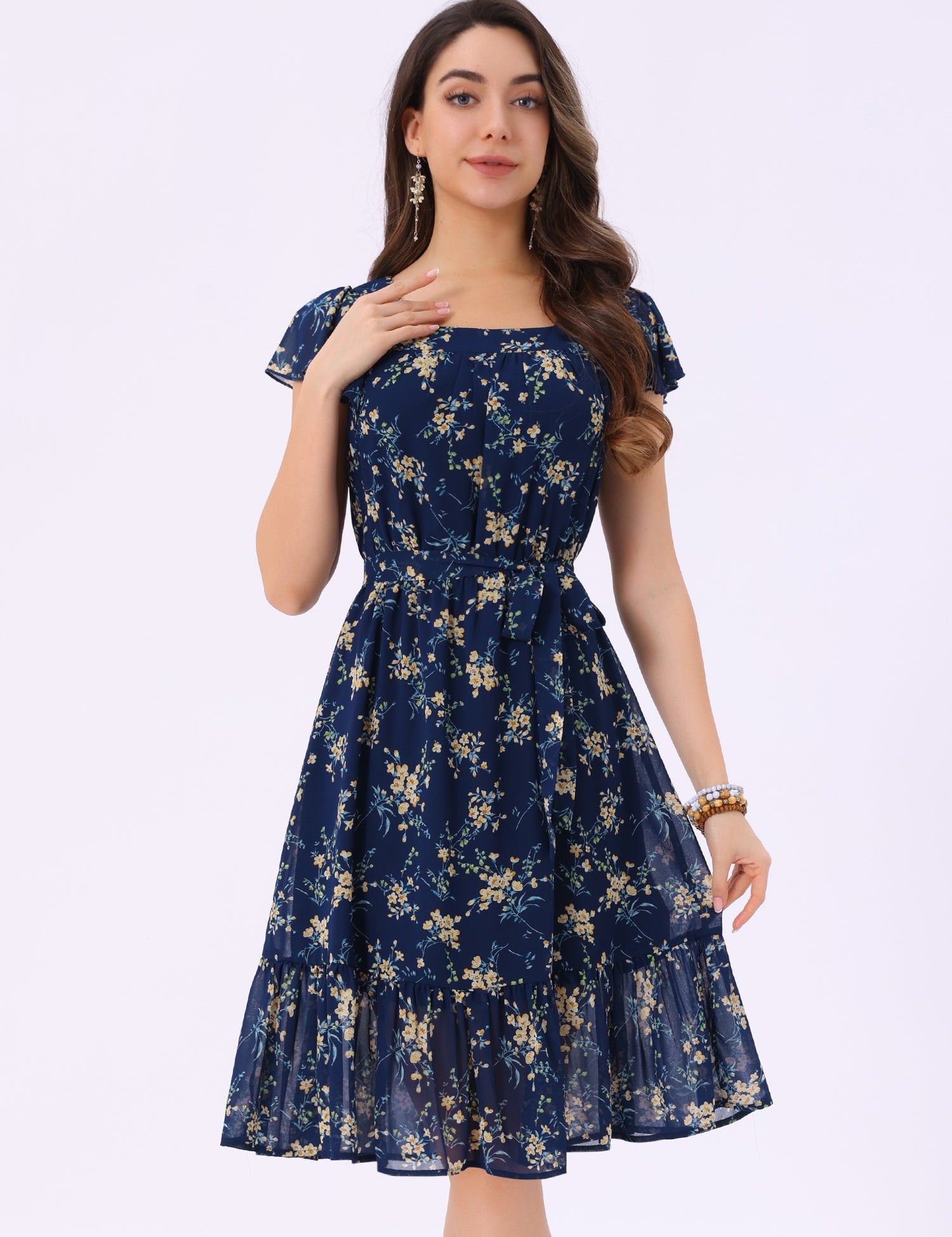 Florvella - Women’s Floral Square Neck A-Line Dress