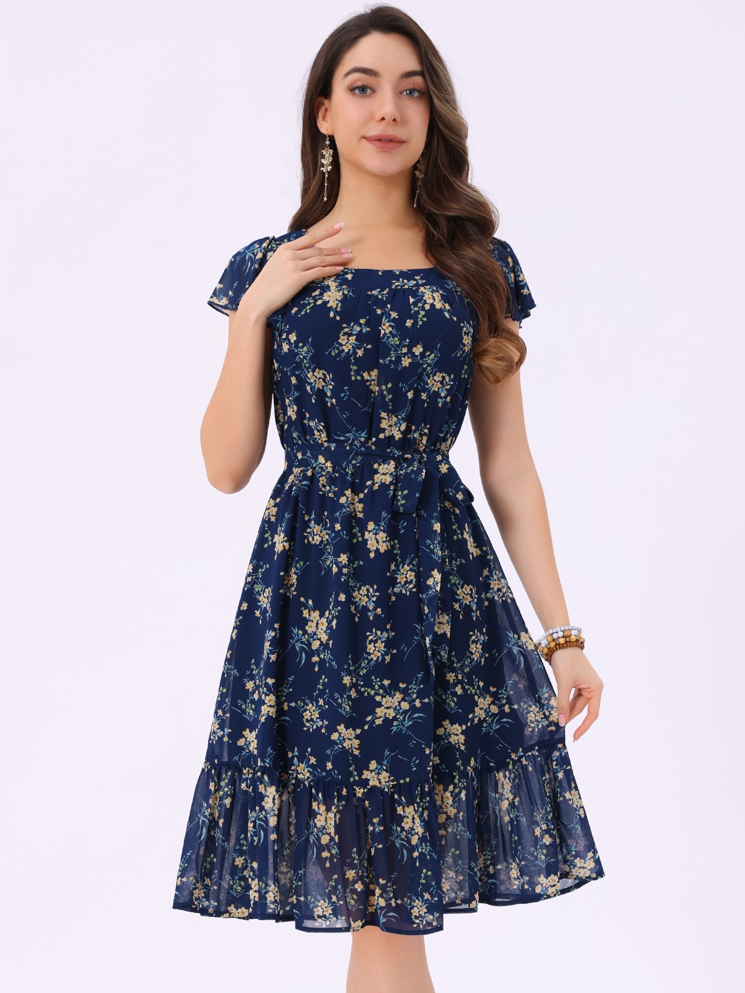 Florvella - Women’s Floral Square Neck A-Line Dress
