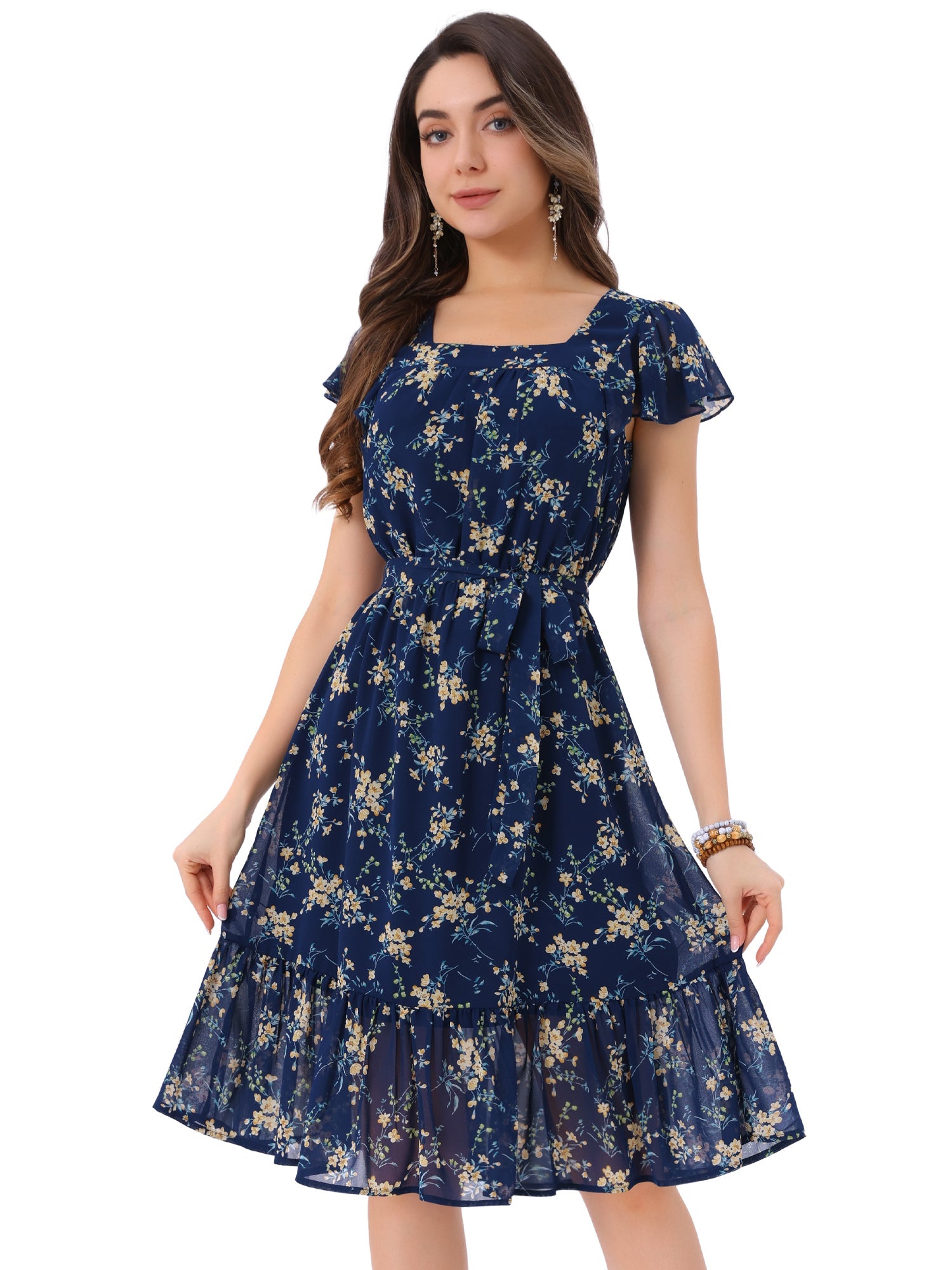 Florvella - Women’s Floral Square Neck A-Line Dress