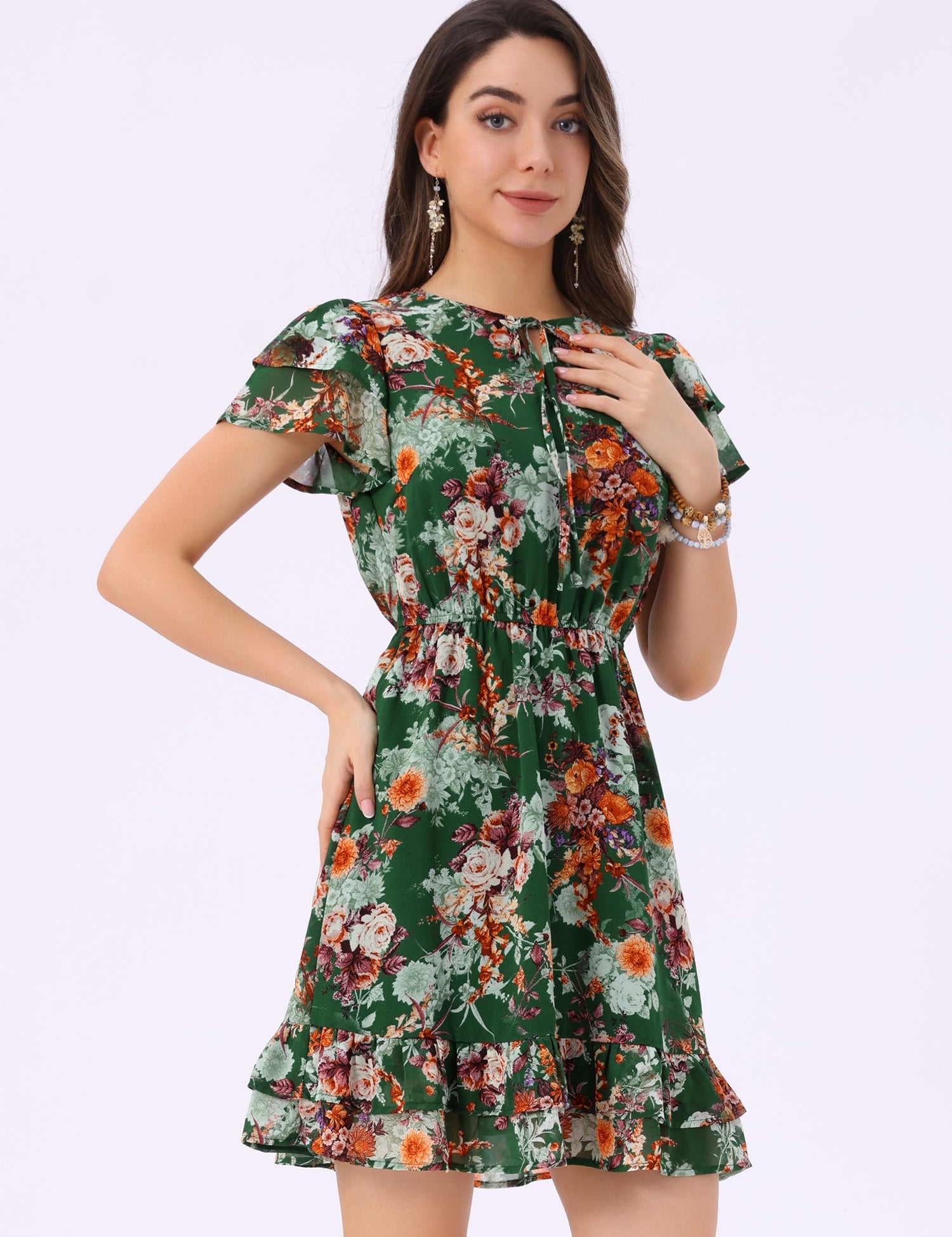 Rufflora - Women’s Floral Ruffle Sleeve Dress