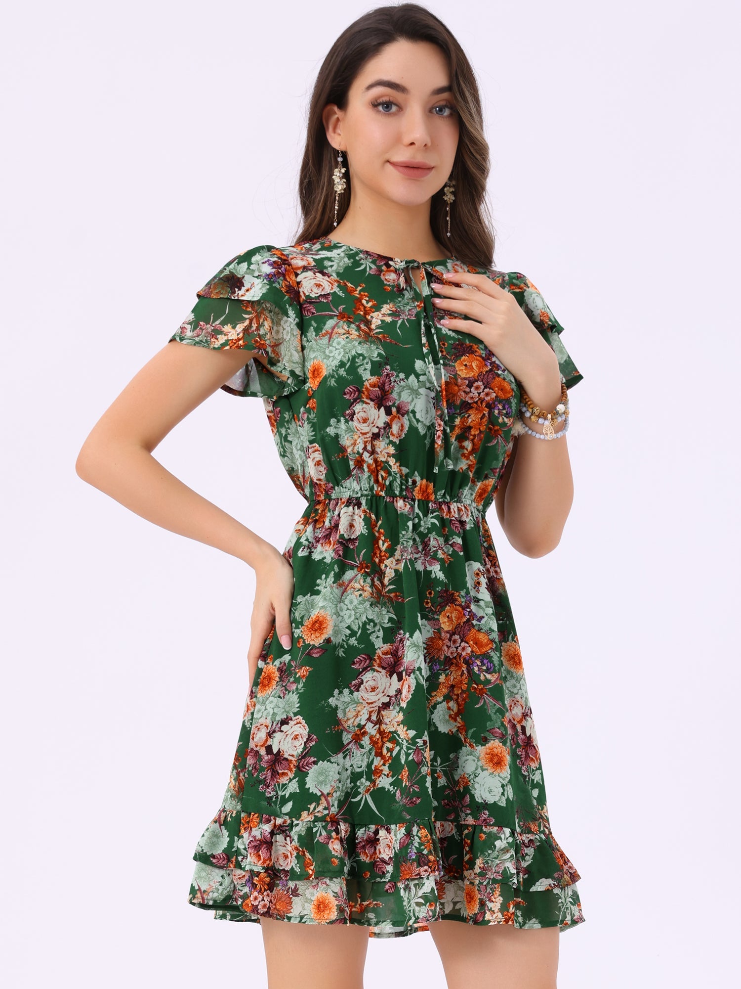 Rufflora - Women’s Floral Ruffle Sleeve Dress