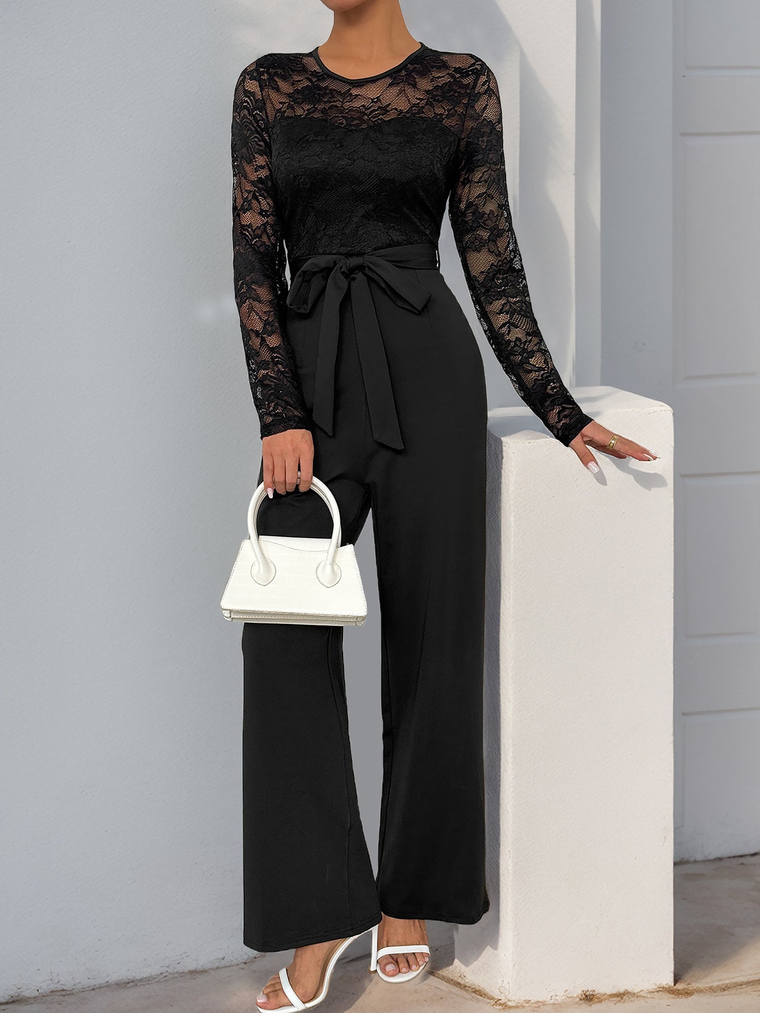 Laceviera - Women’s Lace Patchwork Tie Waist Jumpsuit