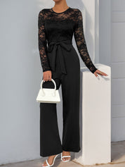 Laceviera - Women’s Lace Patchwork Tie Waist Jumpsuit