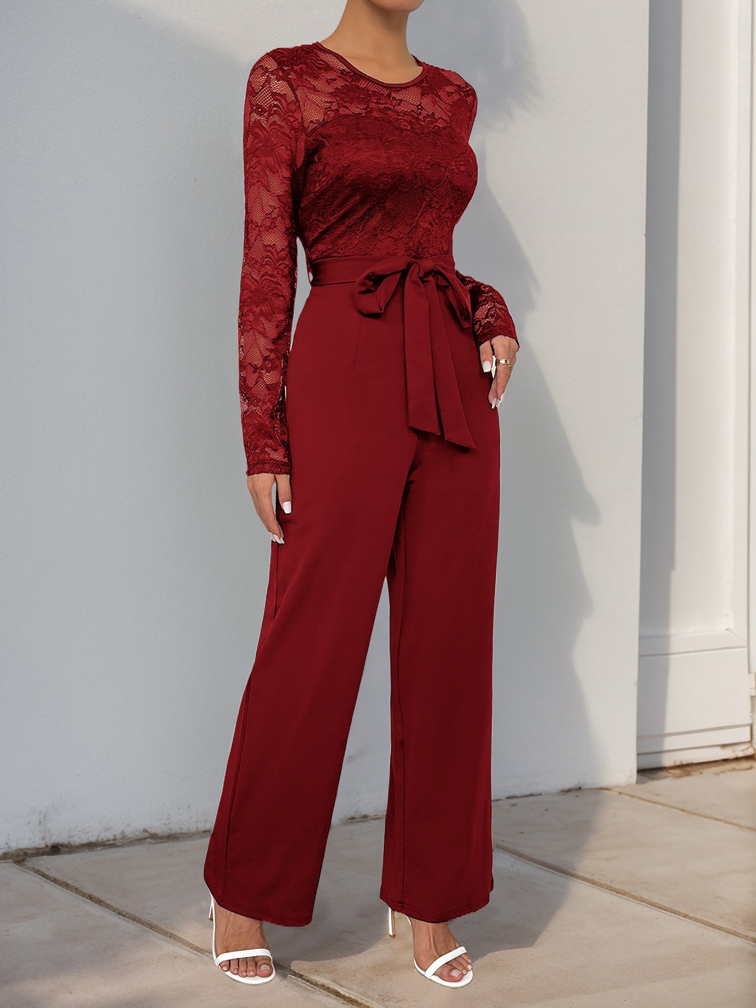 Laceviera - Women’s Lace Patchwork Tie Waist Jumpsuit