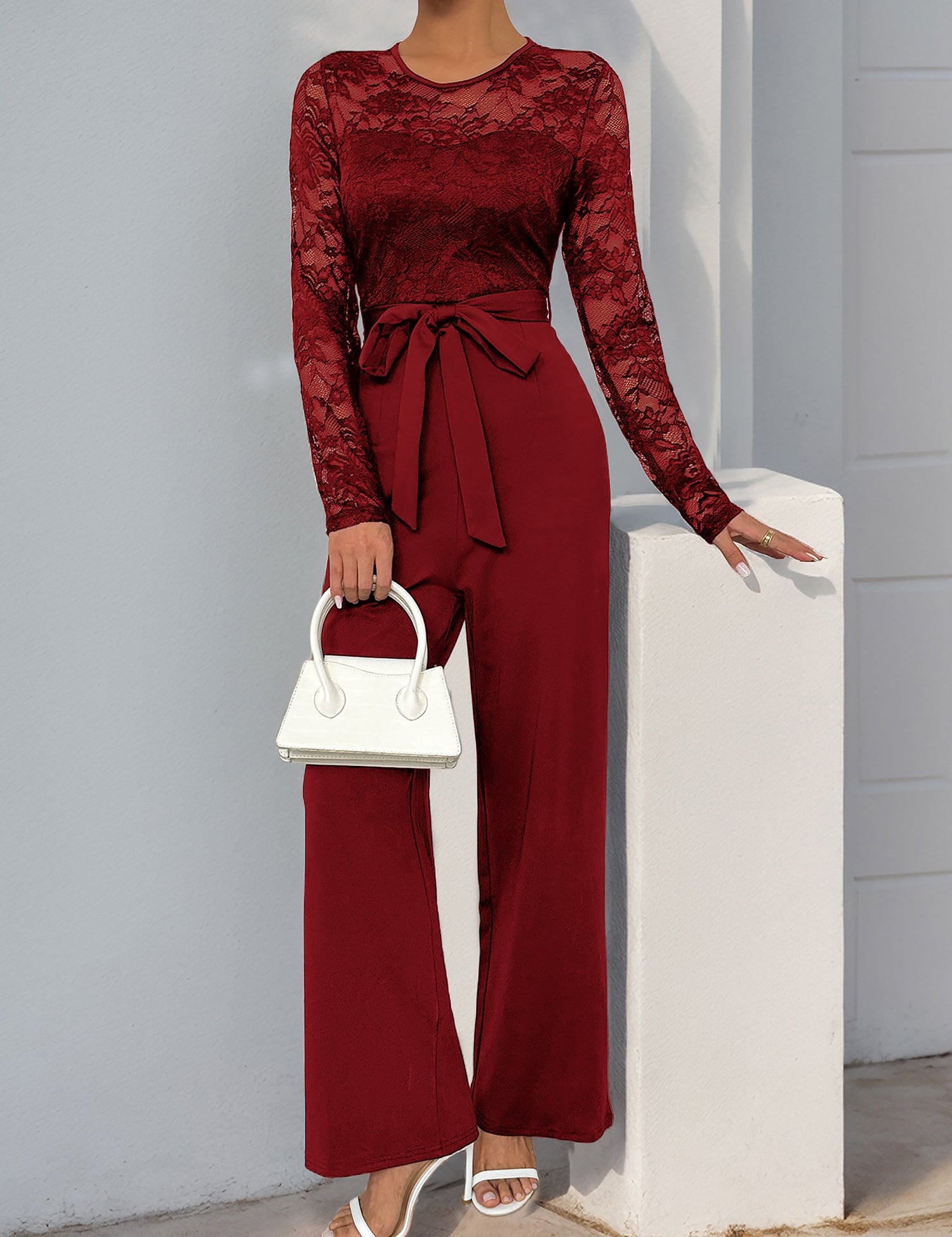 Laceviera - Women’s Lace Patchwork Tie Waist Jumpsuit