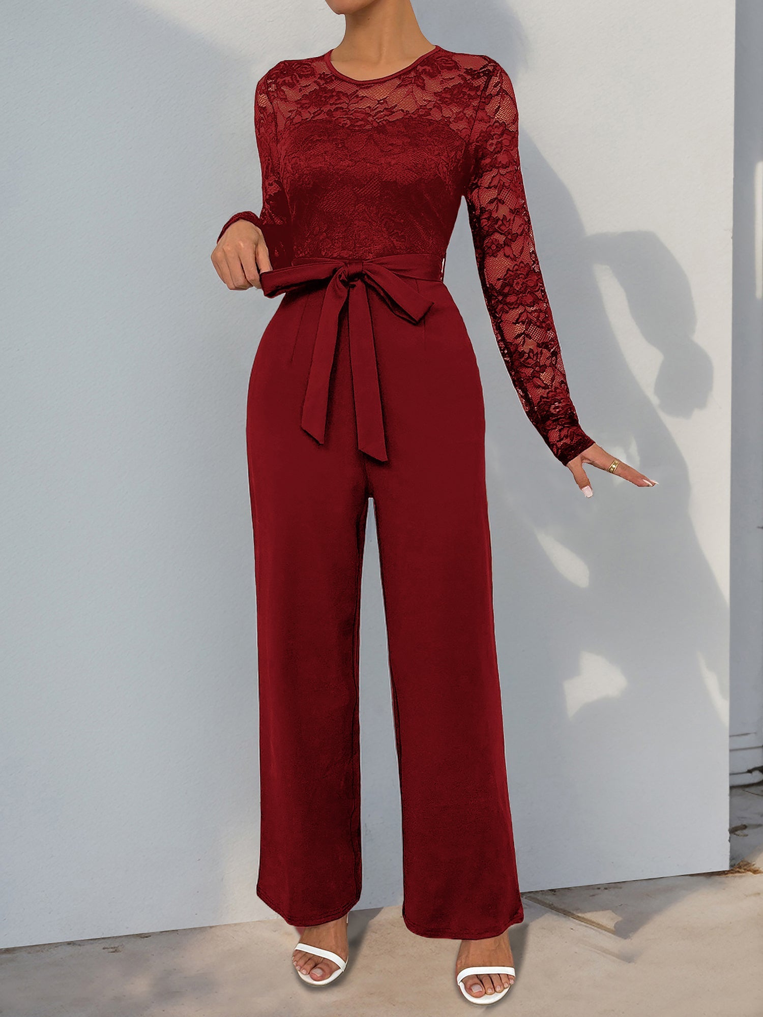 Laceviera - Women’s Lace Patchwork Tie Waist Jumpsuit