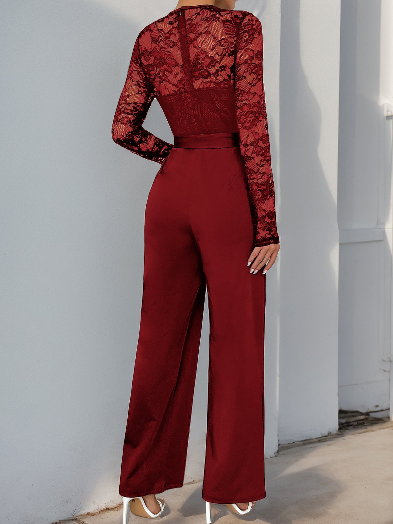 Laceviera - Women’s Lace Patchwork Tie Waist Jumpsuit