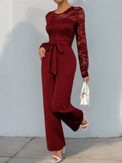 Laceviera - Women’s Lace Patchwork Tie Waist Jumpsuit