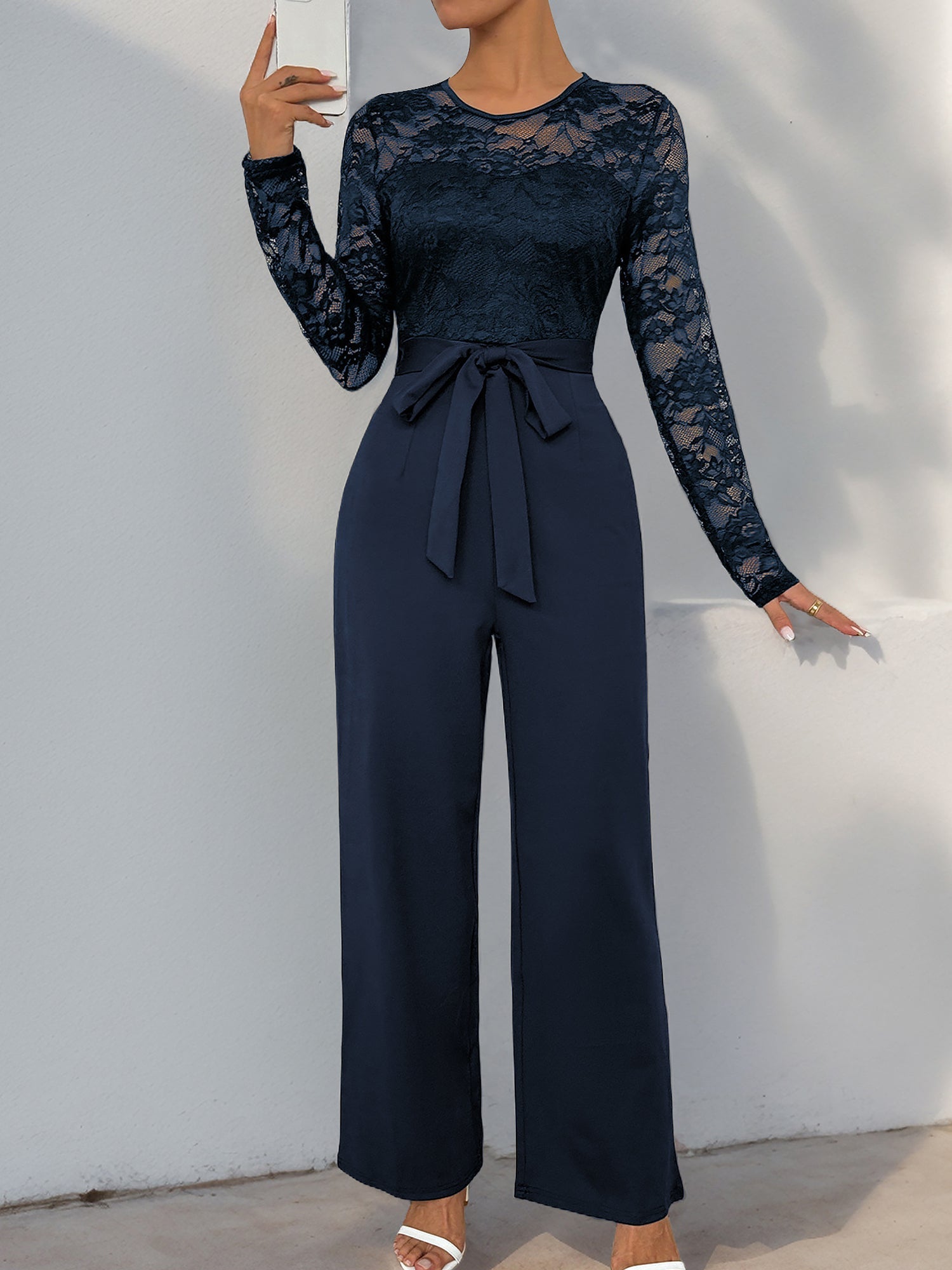 Laceviera - Women’s Lace Patchwork Tie Waist Jumpsuit