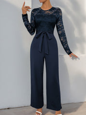 Laceviera - Women’s Lace Patchwork Tie Waist Jumpsuit