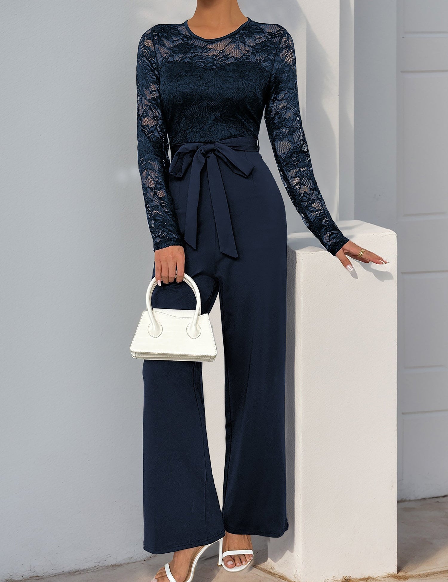 Laceviera - Women’s Lace Patchwork Tie Waist Jumpsuit
