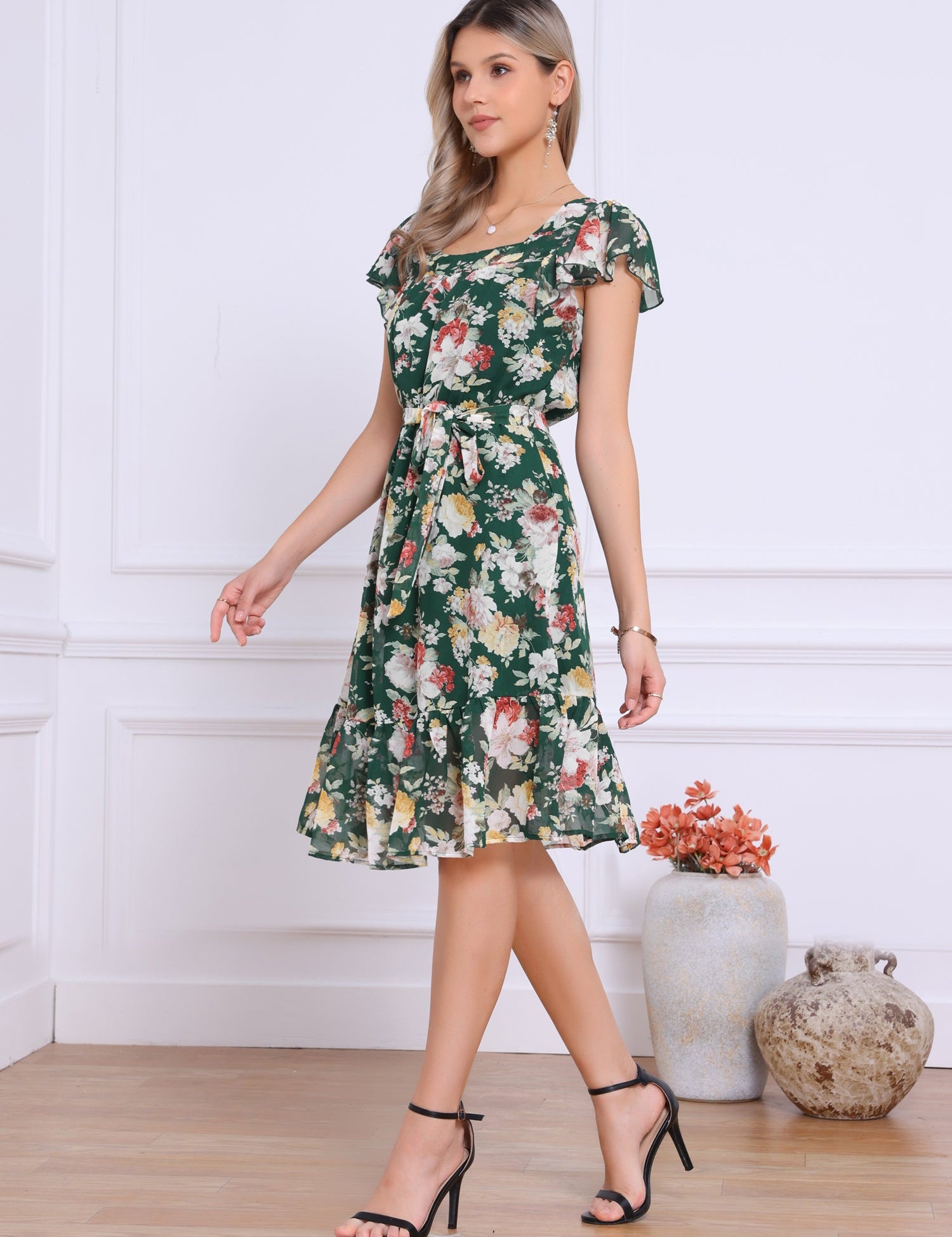 Florvella - Women’s Floral Square Neck A-Line Dress