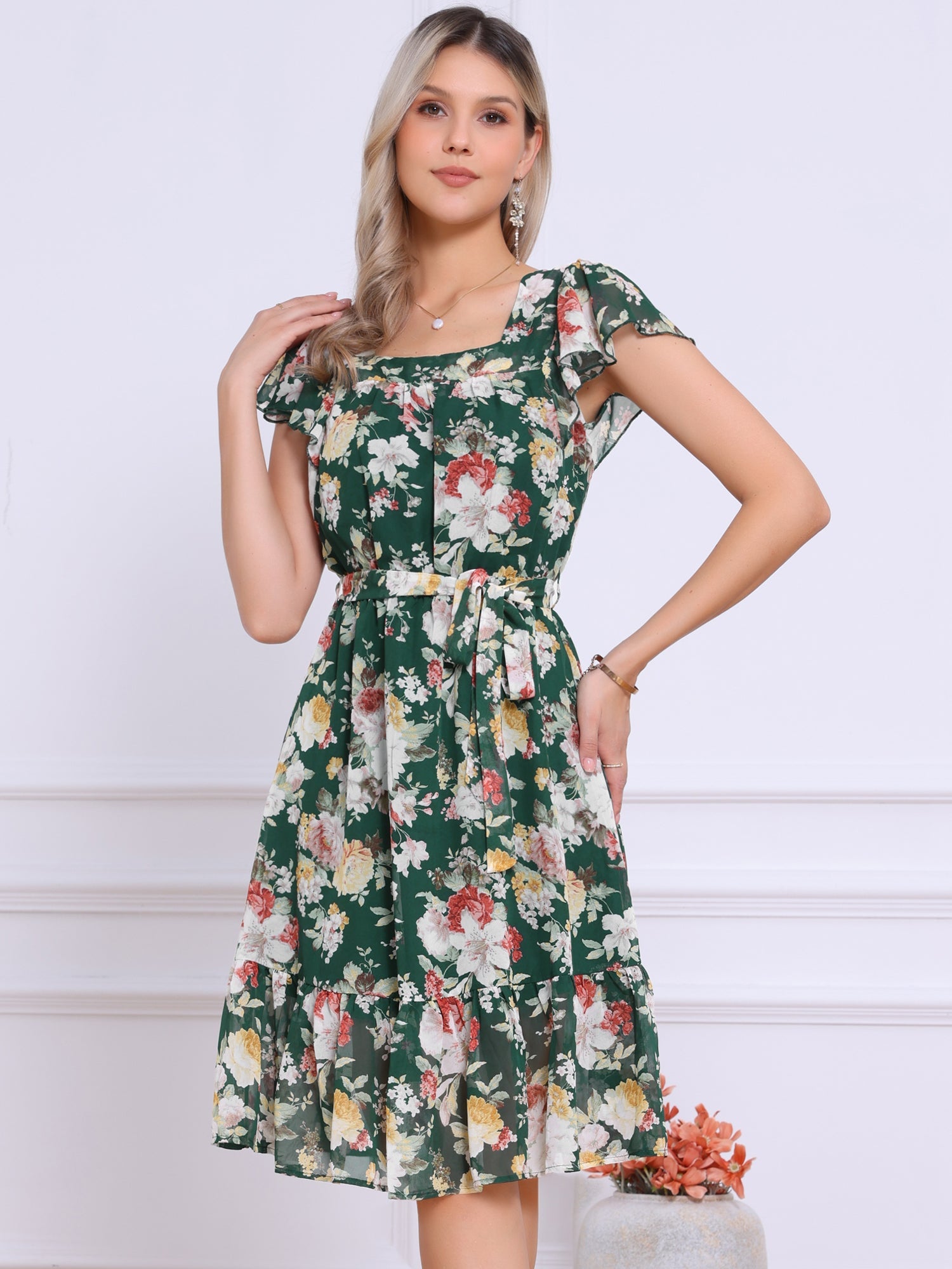 Florvella - Women’s Floral Square Neck A-Line Dress