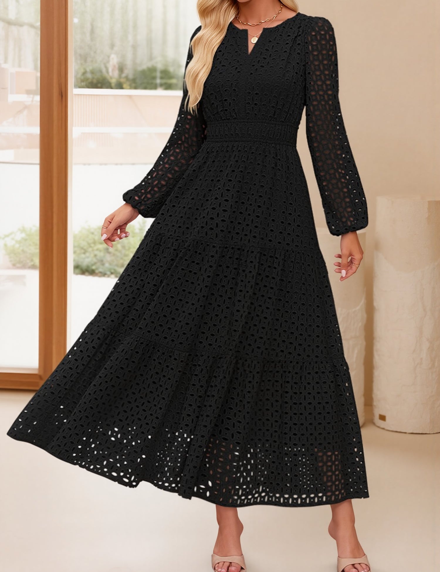 Aurelia – Women’s Eyelet Puff Sleeve Maxi Dress