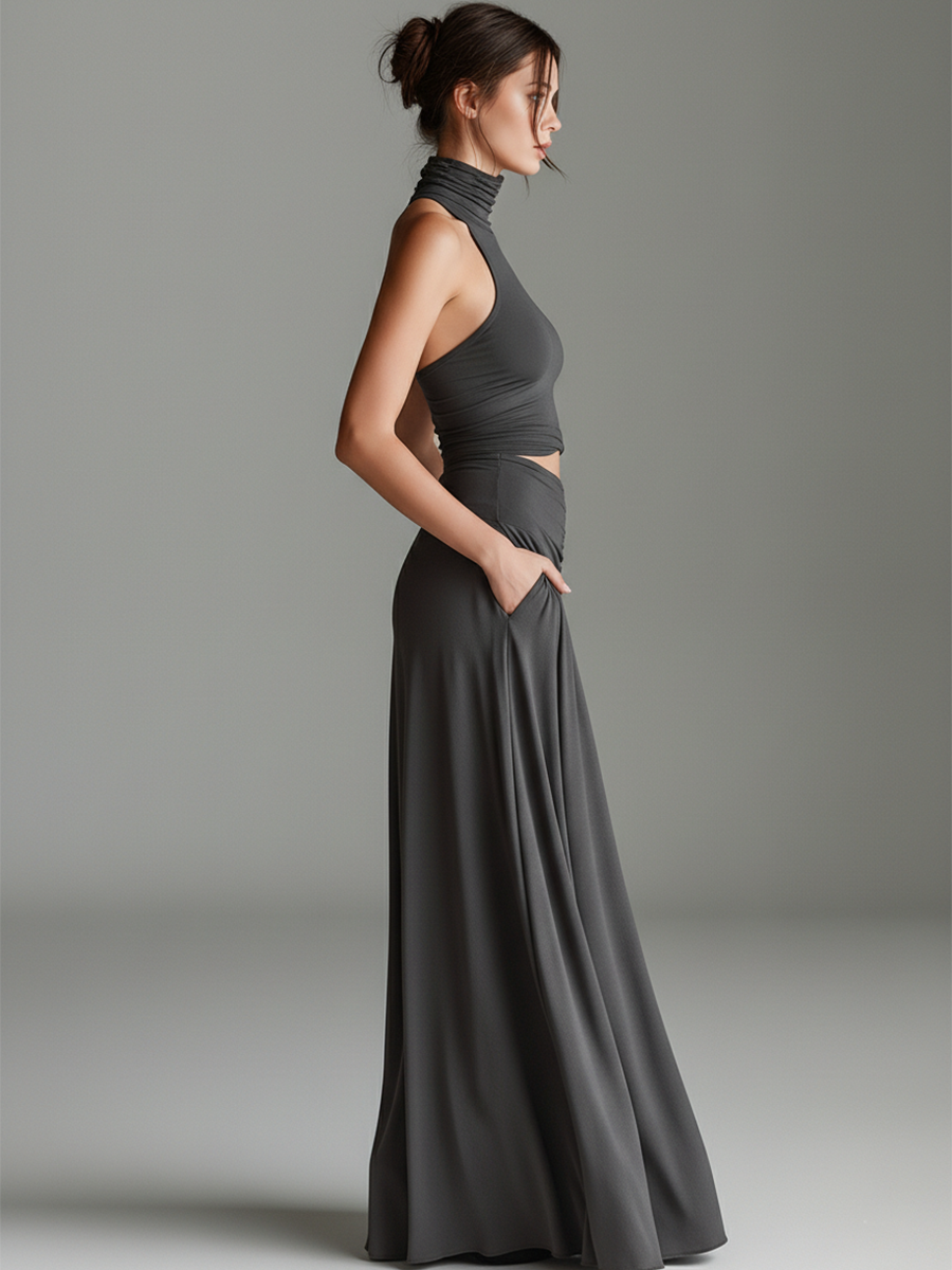 Charvella - Women’s Halter Cutout Knit Maxi Dress